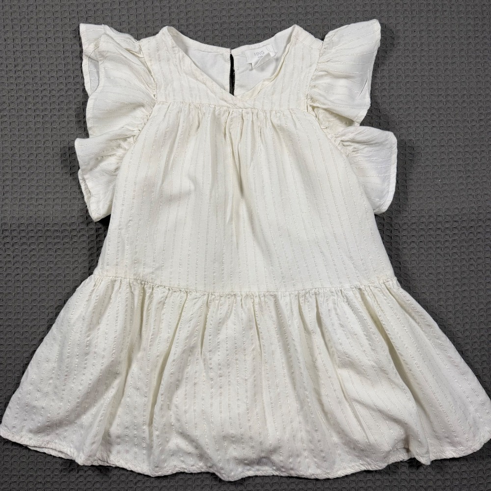 Mango Kids Girls White Gold Metallic Stripe Ruffle Tiered Babydoll Dress Size 5